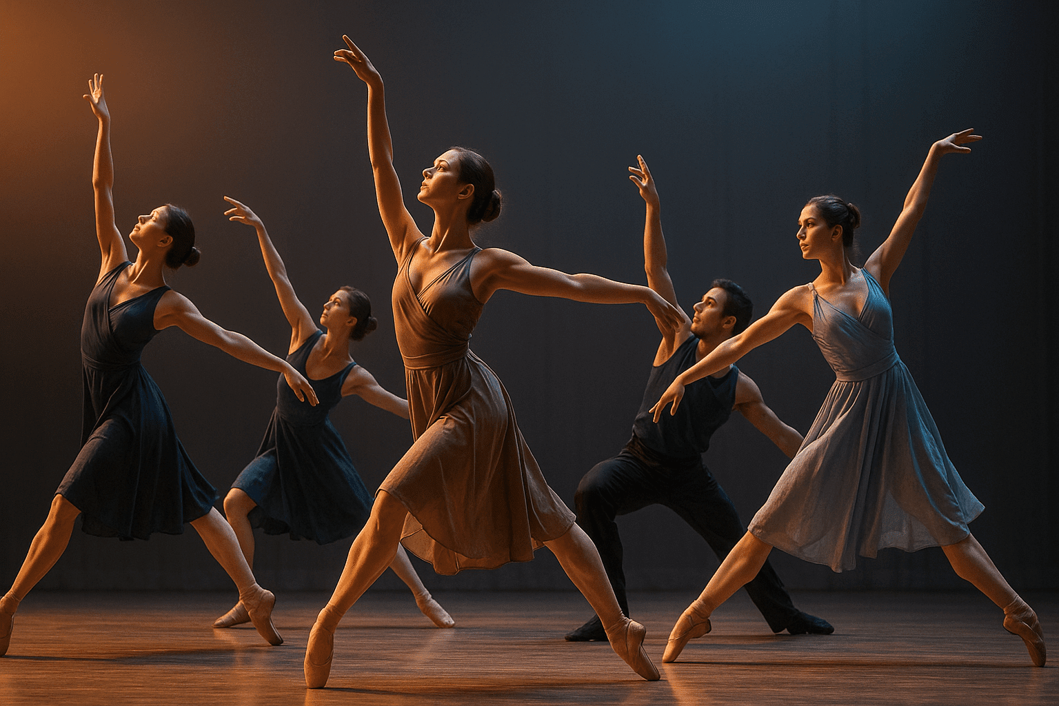 Professional dancers performing contemporary choreography on stage, representing an advanced dance course.