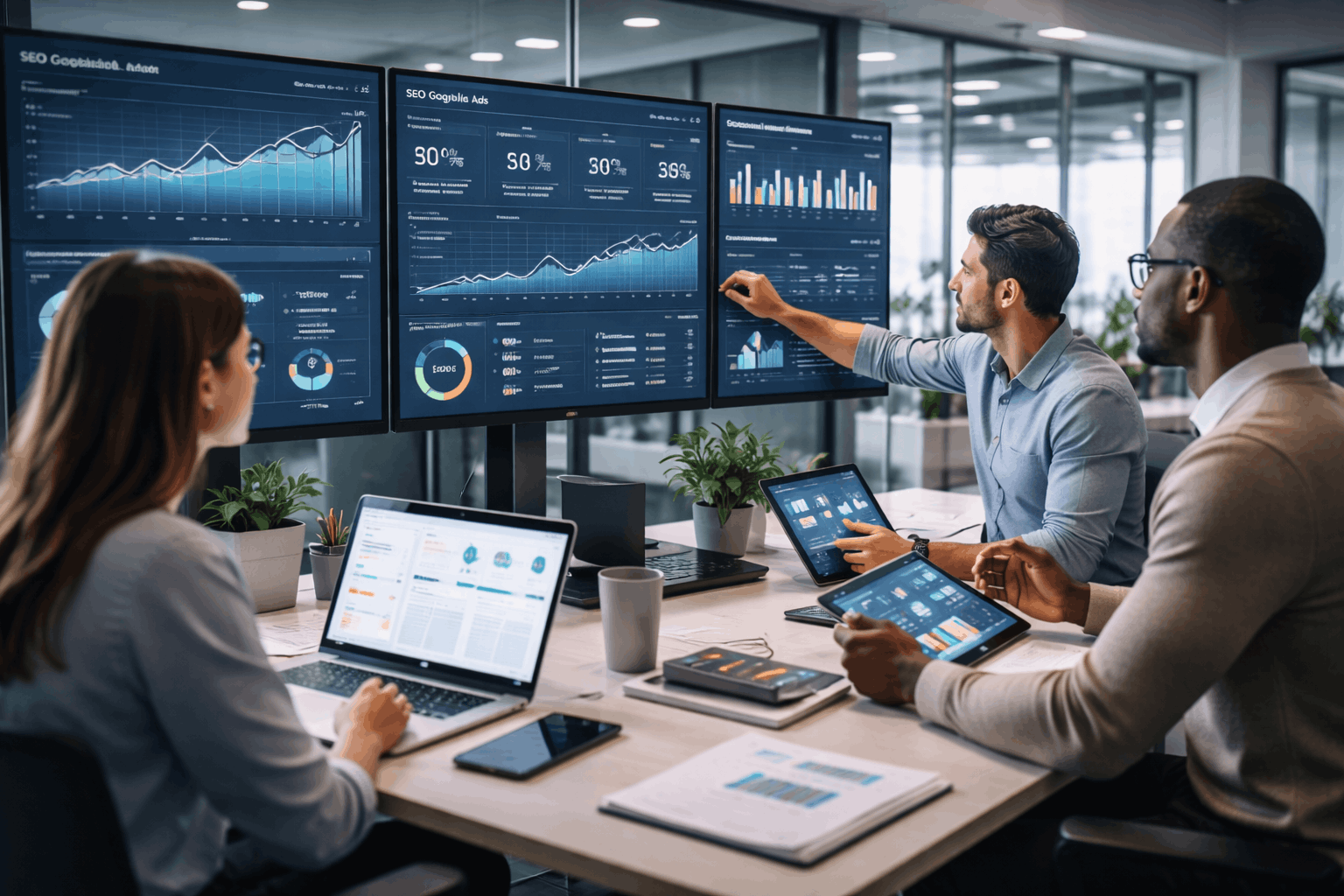 Marketing professionals analysing dashboards, campaigns, and analytics during advanced digital marketing training in a modern workspace.