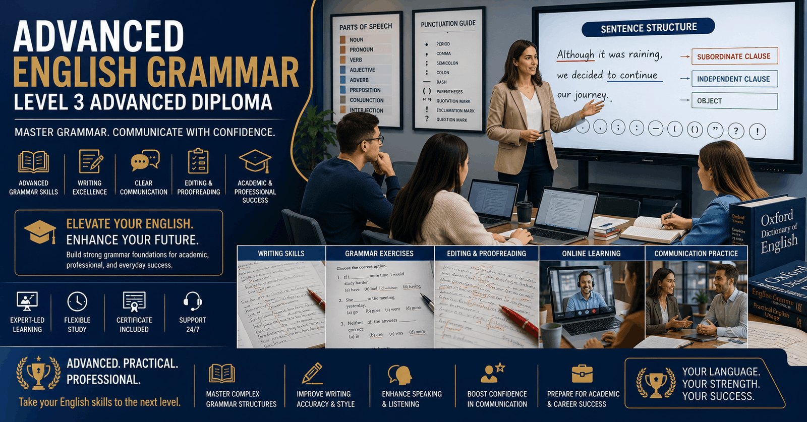 Advanced English Grammar course featuring professional writing, sentence structure, and language learning