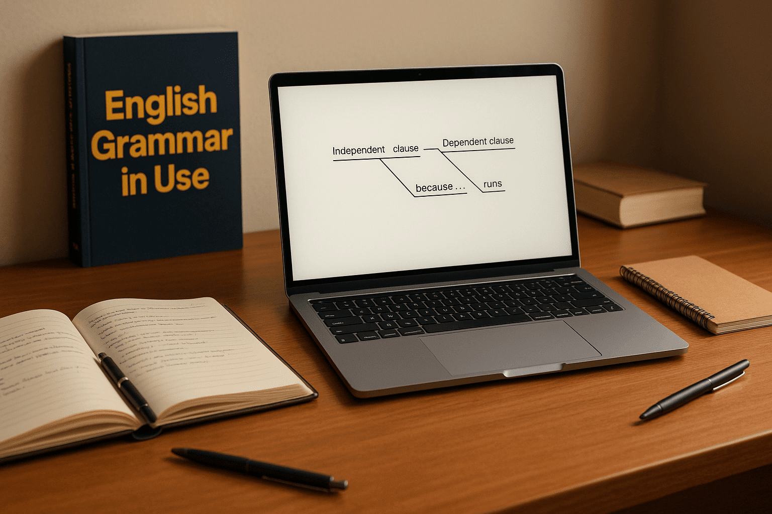 A modern study desk with books, notes, and a laptop illustrating advanced English grammar learning for the Level 7 Diploma.