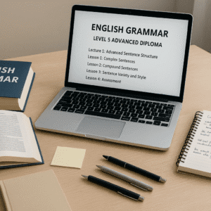 Advanced English grammar workspace with books, notes, laptop and writing tools on a desk.