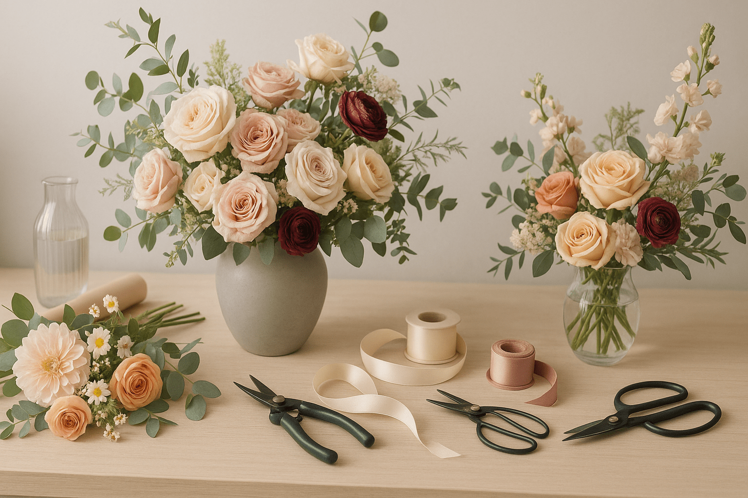 Advanced floristry diploma banner featuring elegant floral arrangements and professional UK-style design tools.