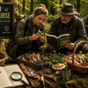 Students exploring forests and identifying wild plants and mushrooms during an Advanced Foraging Course expedition