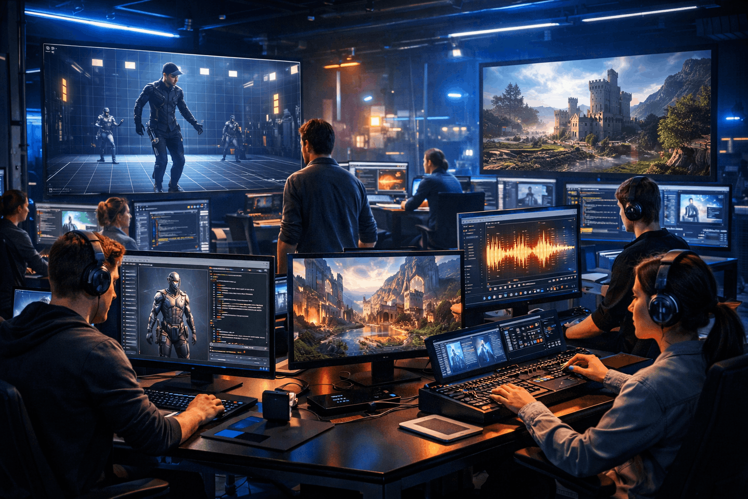 Advanced game design students working in a professional digital game development studio