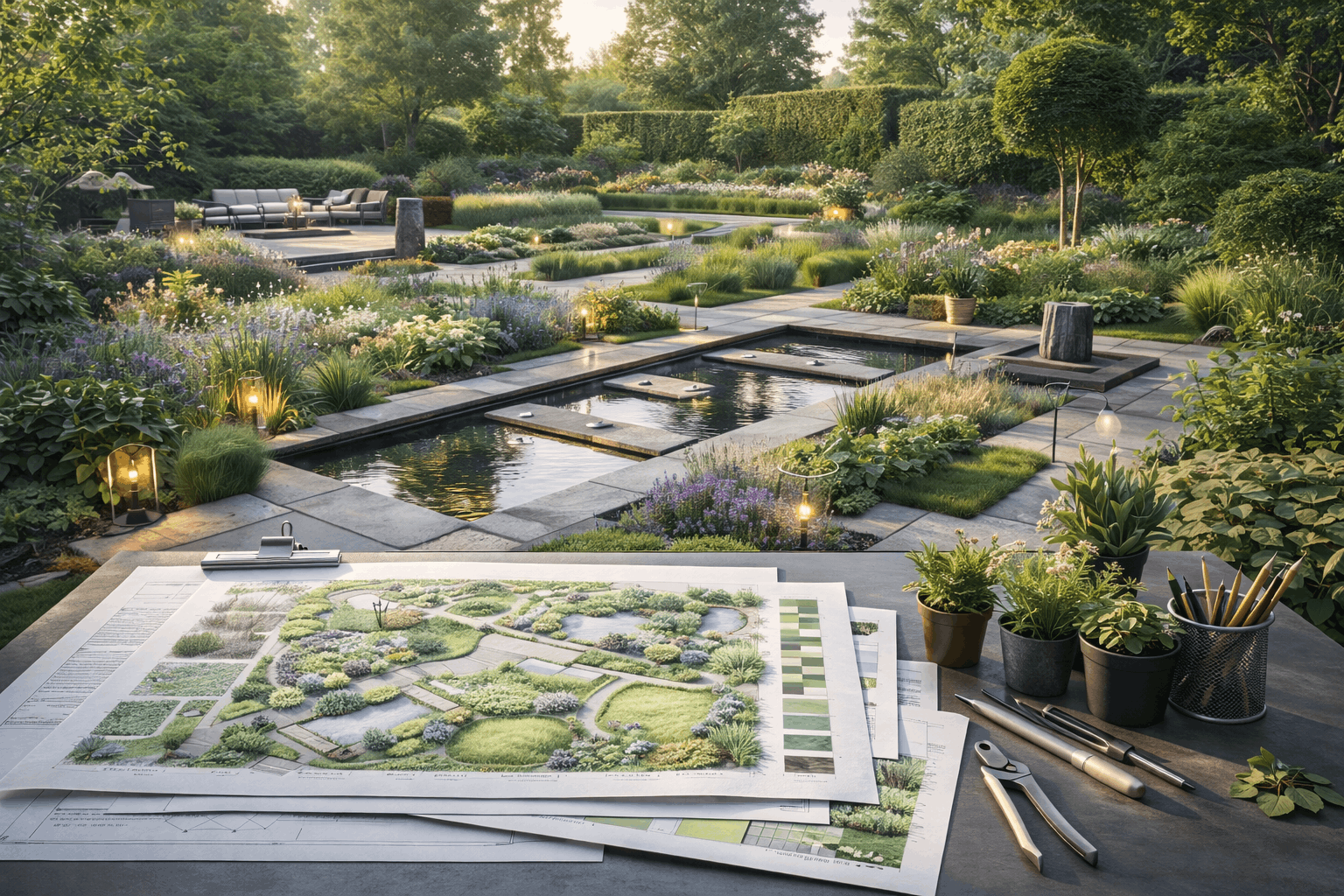 Advanced garden design showing landscaped garden plans, planting layouts, water features, and hardscaping elements