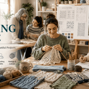Advanced Knitting Course featuring intricate knitting patterns, yarns, needles and handcrafted garments