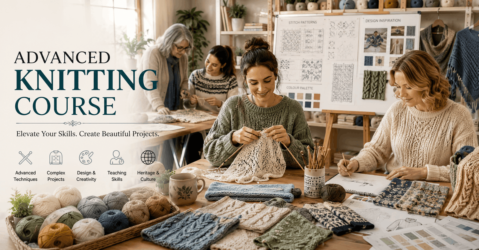 Advanced Knitting Course featuring intricate knitting patterns, yarns, needles and handcrafted garments