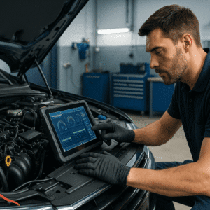 A mechanic using advanced diagnostic tools on a modern engine in a high-tech workshop, representing the advanced mechanic diploma course.