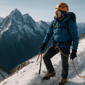 A mountaineer using advanced gear on a snowy ridge during an alpine ascent, illustrating advanced mountaineering training skills.