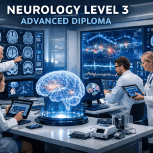 Advanced Neurology Diploma Level 3 training showing brain scans, medical professionals and digital neuroimaging screens