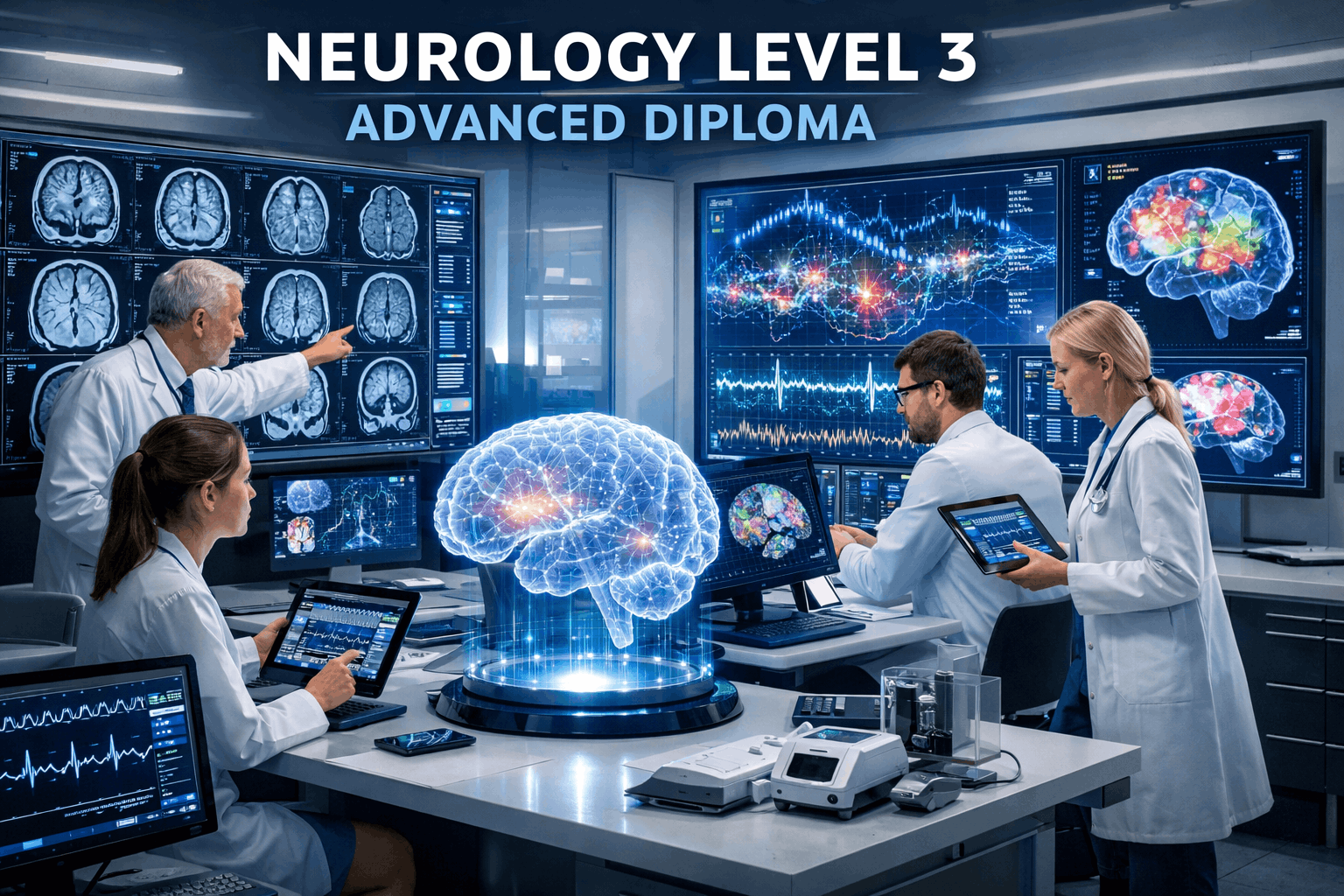 Advanced Neurology Diploma Level 3 training showing brain scans, medical professionals and digital neuroimaging screens
