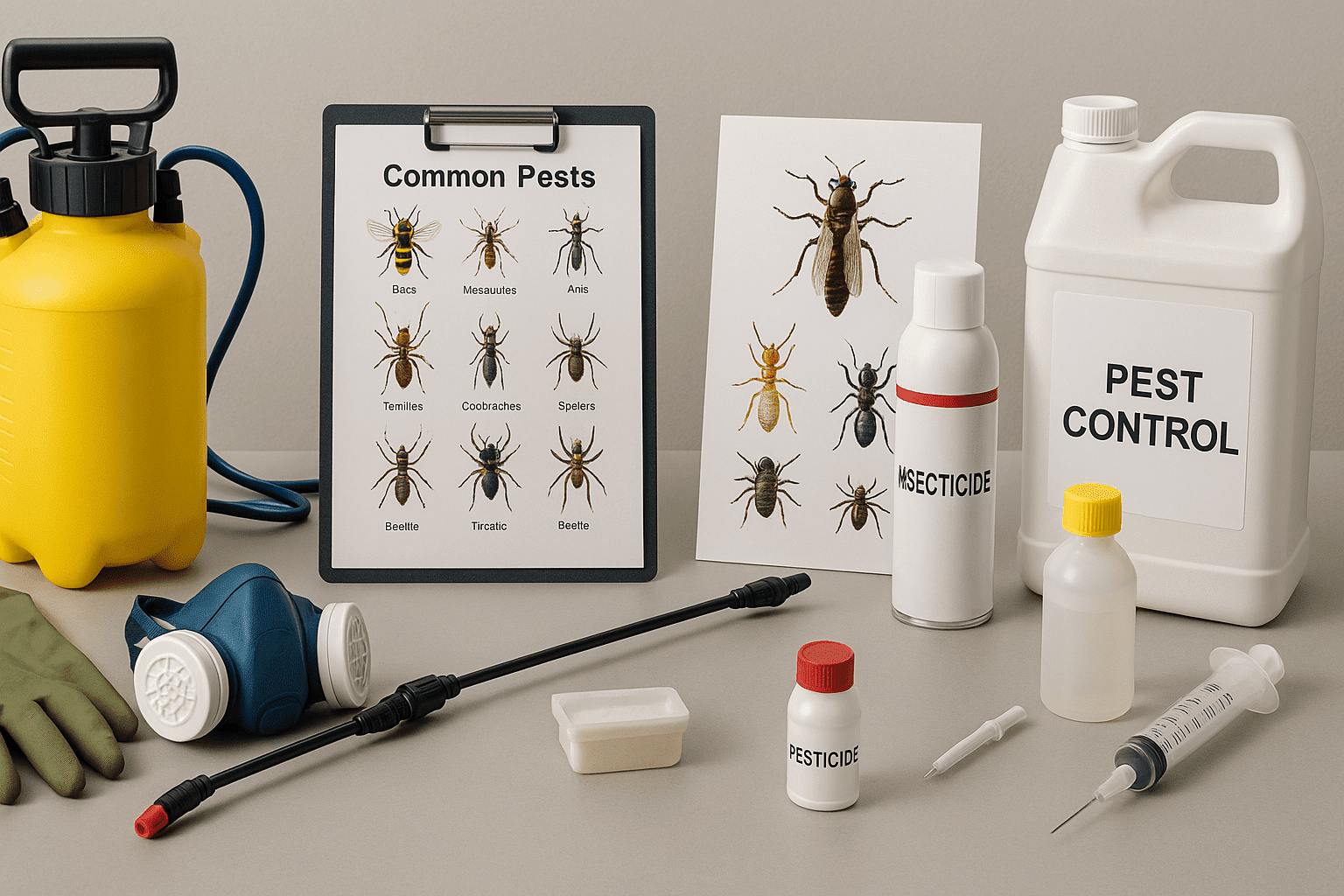Advanced pest control scene with equipment, safety gear, insects chart and pesticide tools on a clean professional workspace.