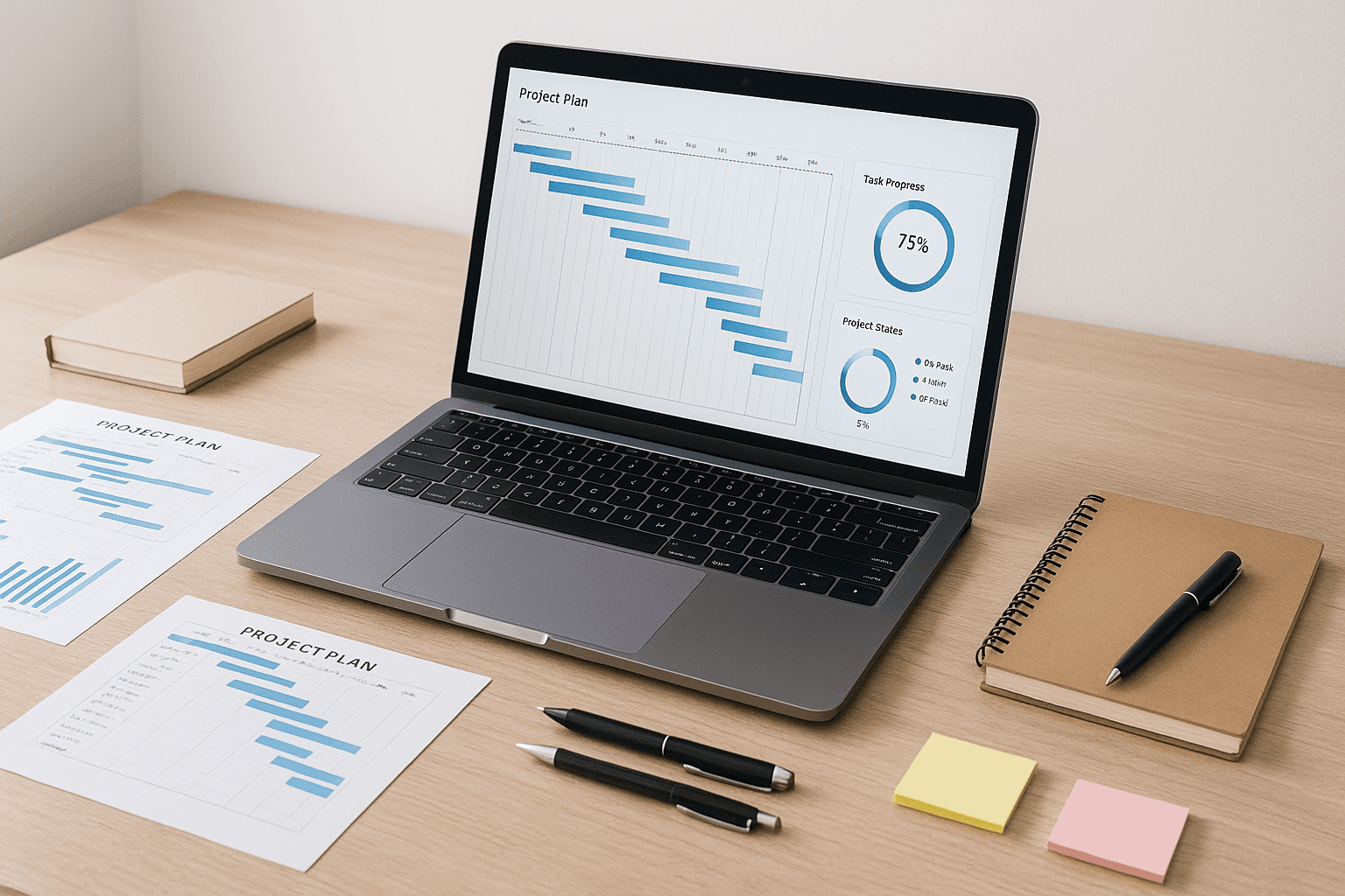 Modern office desk with laptop, project charts, documents, and planning tools representing advanced project manager.