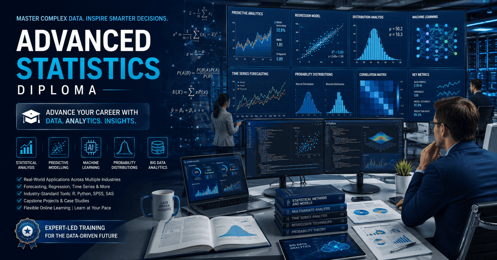 Advanced Statistics Diploma featuring predictive analytics dashboards, statistical models, and data science tools