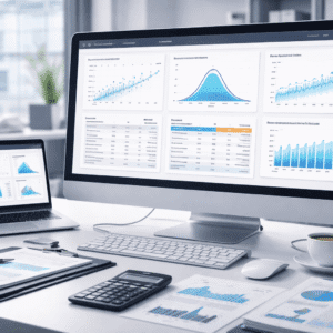 Advanced statistics diploma visual showing data analysis, probability models, regression charts, and statistical software