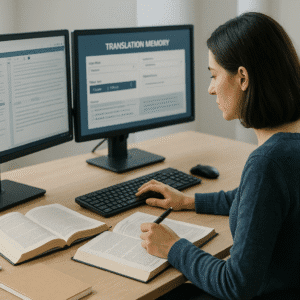 Advanced translation skills diploma image showing translator working with texts, software tools and multilingual materials.