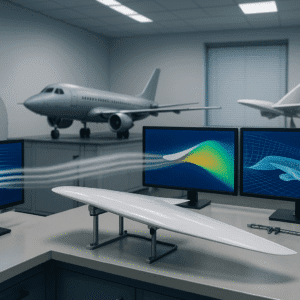 Modern aircraft testing scene showing airflow visualization and wing analysis for the Aerodynamics Diploma.