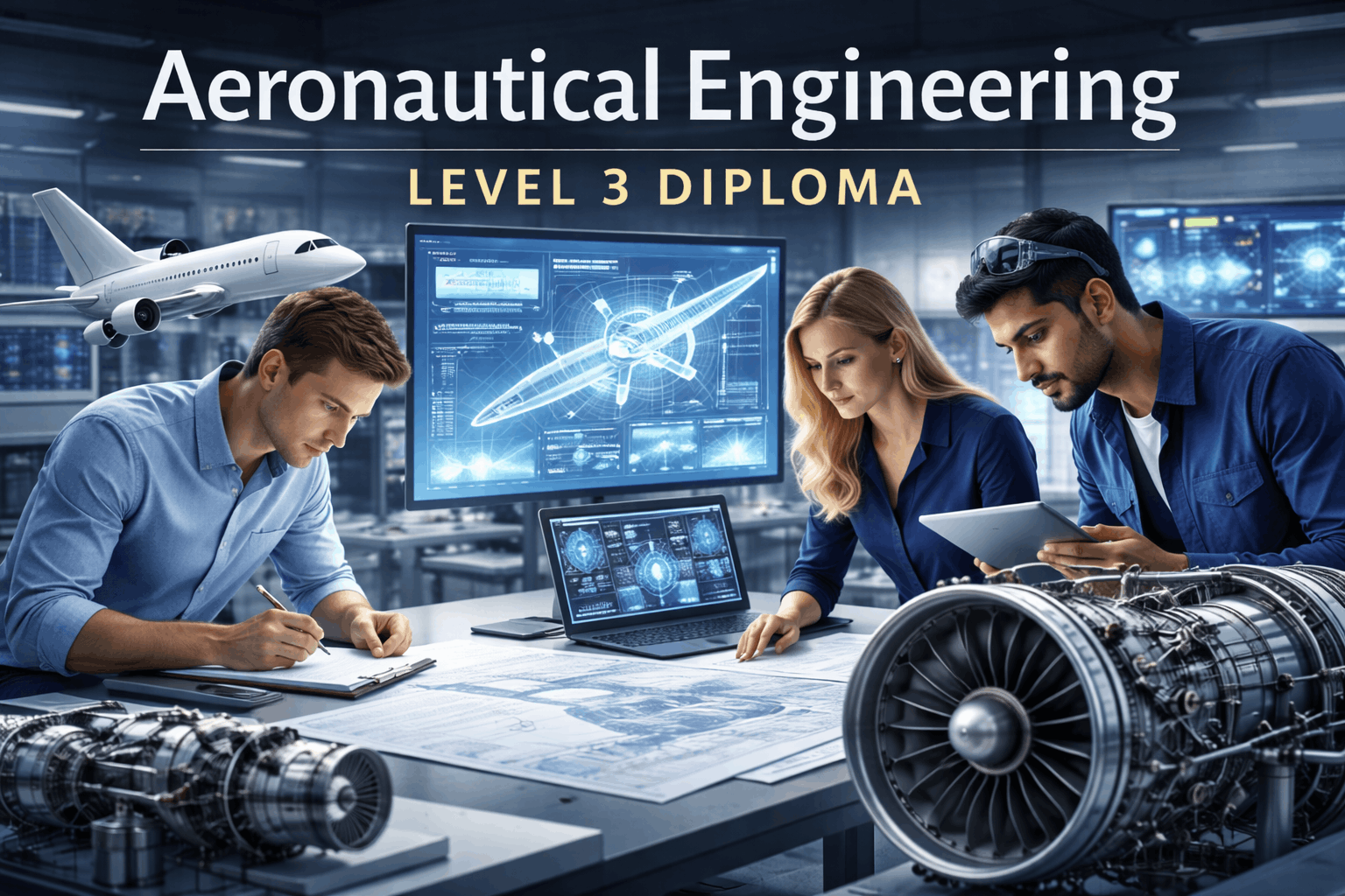 Students analysing aircraft wings, engines and flight systems in an Aeronautical Engineering Level 3 advanced diploma environment