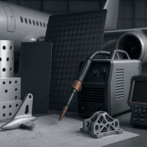 Aerospace materials and manufacturing course image showing aircraft components and advanced production tools.