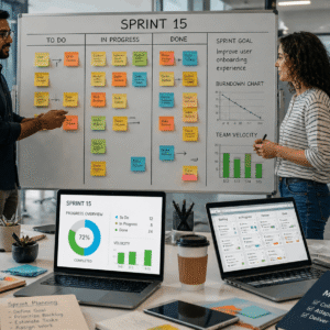 Team collaborating on Agile Project Management using Scrum board with tasks, sprints, and workflow tracking in modern workspace
