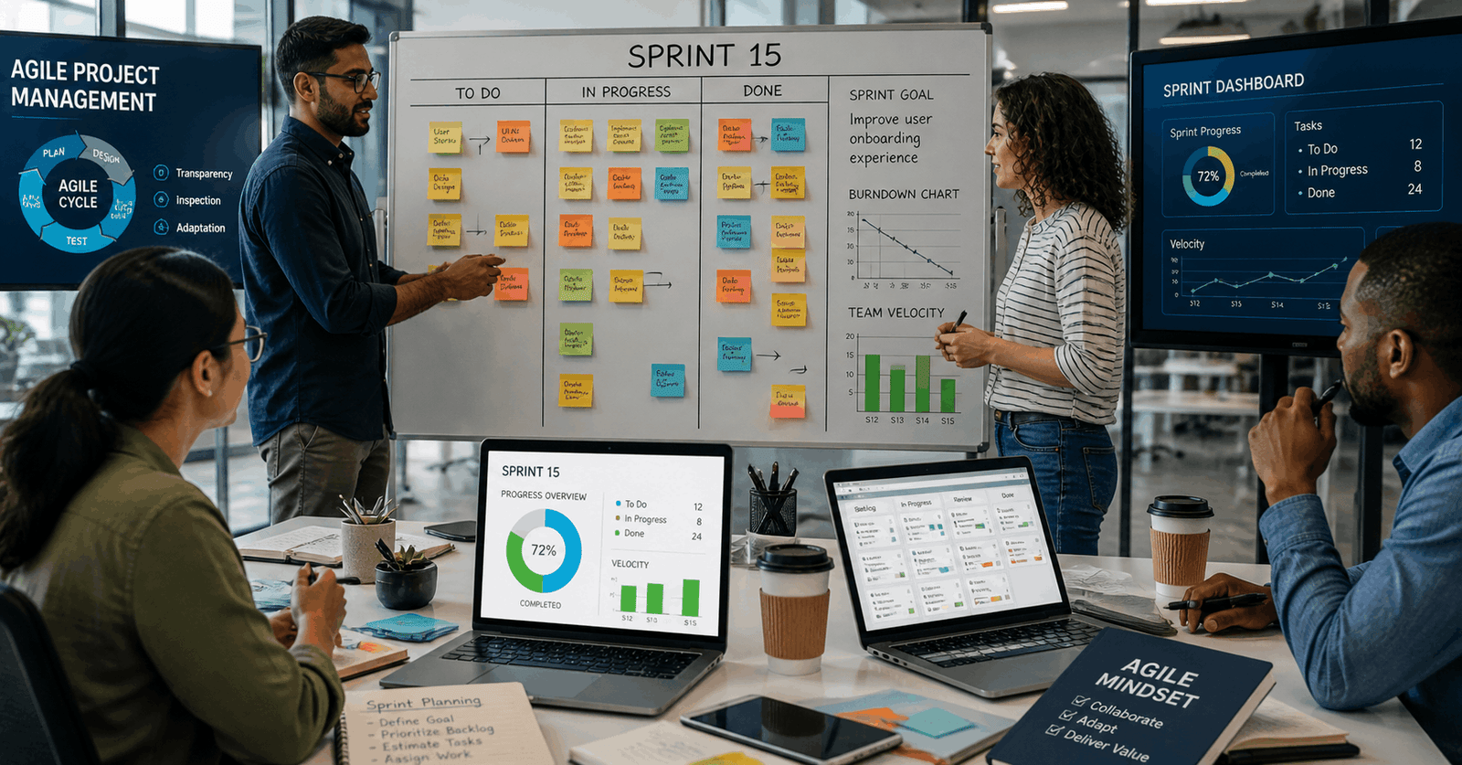 Team collaborating on Agile Project Management using Scrum board with tasks, sprints, and workflow tracking in modern workspace