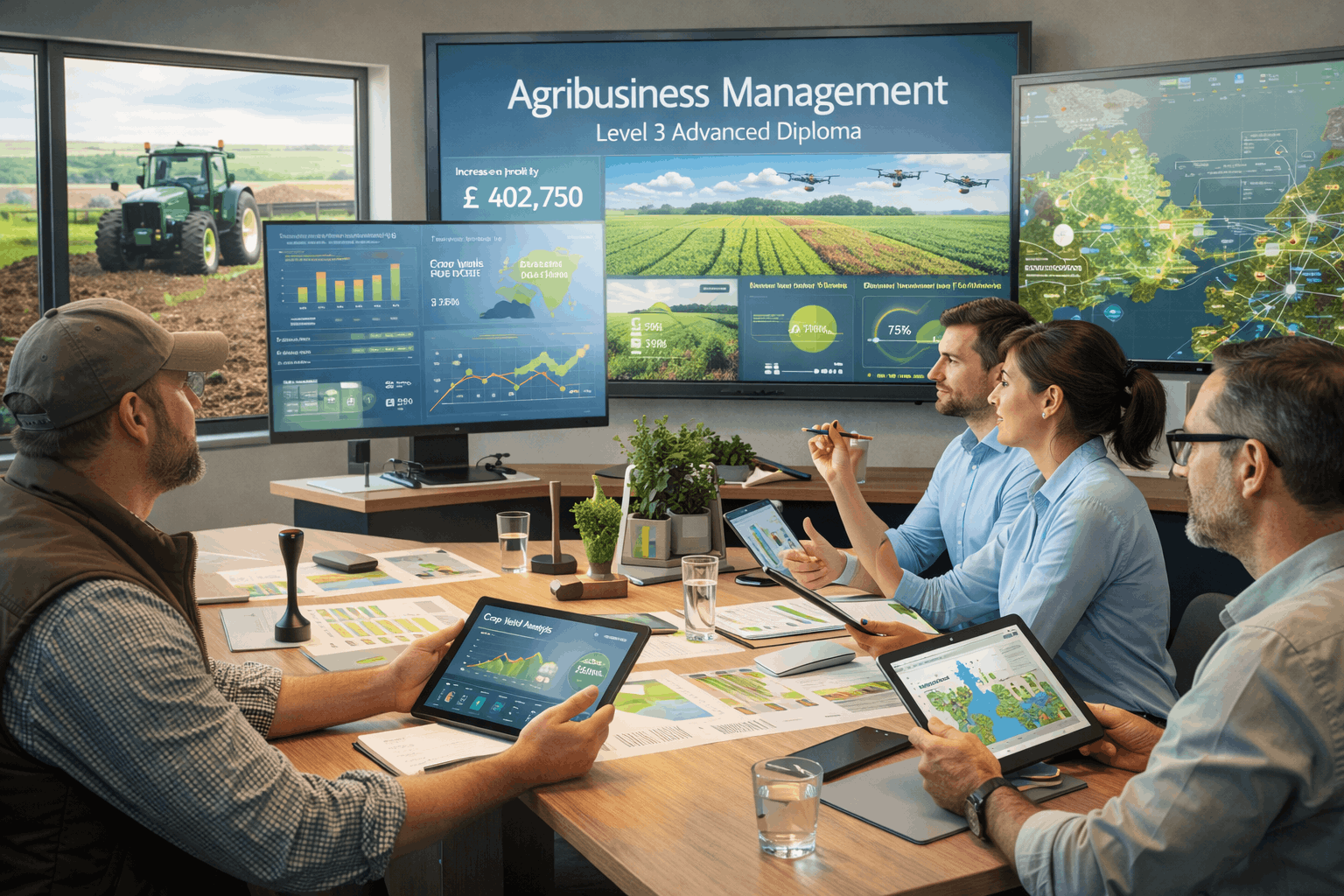 Professional agribusiness management diploma Level 3 training showing farm operations, digital planning and team leadership