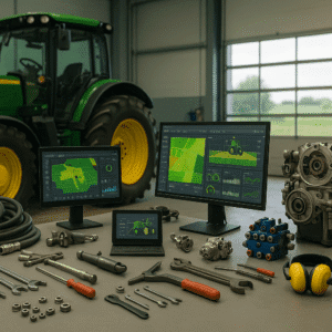 Agricultural machinery Level 3 setup showing tractors, tools and modern farm technology in a realistic training environment.