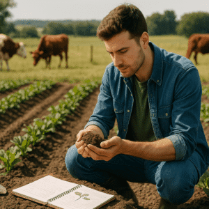 Student studying agricultural science in a farm-based learning environment with crops, soil tools, and livestock elements.
