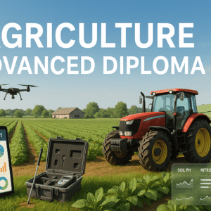 Agriculture advanced diploma banner showing modern farmland, farm tools, crops and sustainable farming visuals.