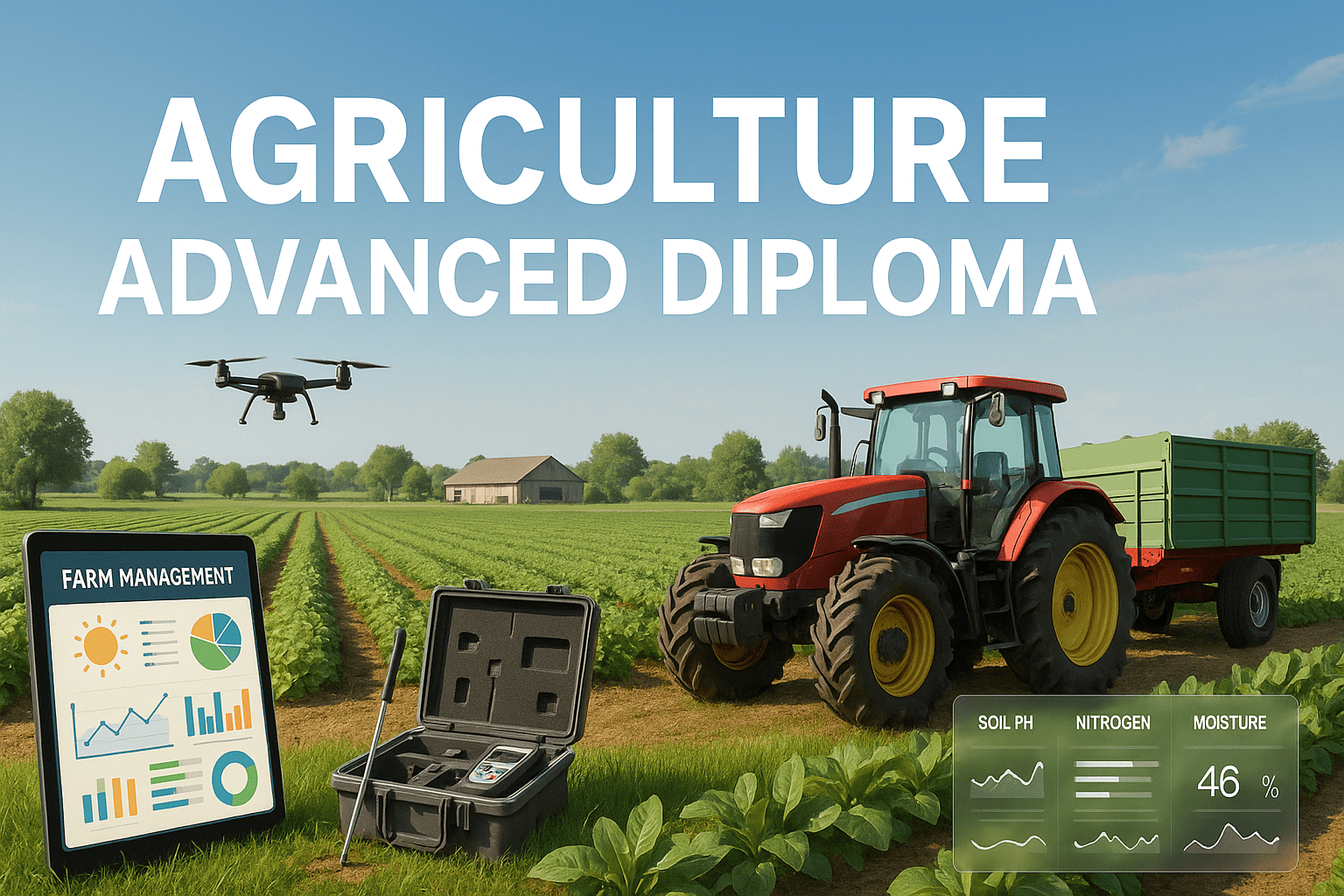 Agriculture advanced diploma banner showing modern farmland, farm tools, crops and sustainable farming visuals.