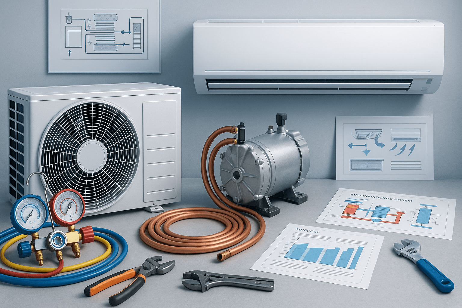 Air Conditioning Course banner showing HVAC tools, cooling system diagrams and modern air conditioning units in a professional setup.