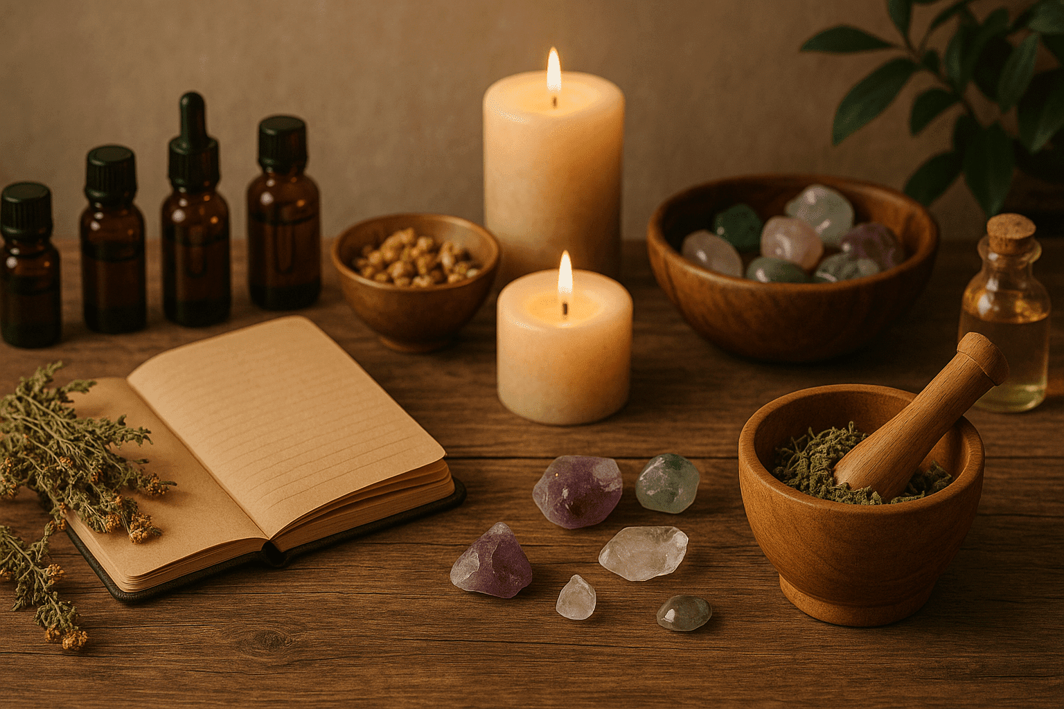 Alternative medicine course image showing natural healing tools, herbs, candles, crystals, and holistic therapy elements in a calming setting.