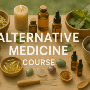 Alternative Medicine Course banner showing herbs, natural oils, healing stones and holistic therapy tools.