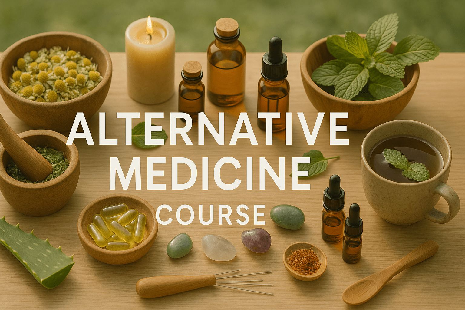 Alternative Medicine Course banner showing herbs, natural oils, healing stones and holistic therapy tools.