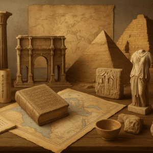 Ancient history diploma image showing ruins, artifacts, maps, and ancient civilisations in a scholarly setting.