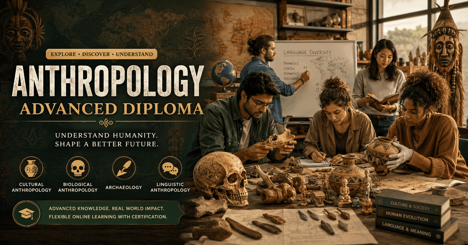 Students exploring ancient artefacts and cultures in an Anthropology Advanced Diploma course