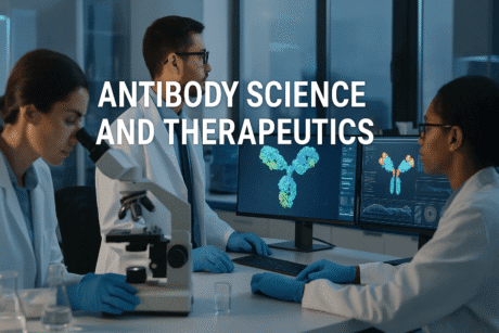 antibody science and therapeutics with lab researchers studying immunoglobulin structures and therapeutic antibodies
