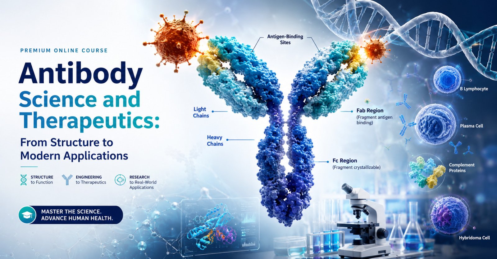 Illustration of antibody therapeutics showing antibody structure, immune cells and modern biotechnology applications.
