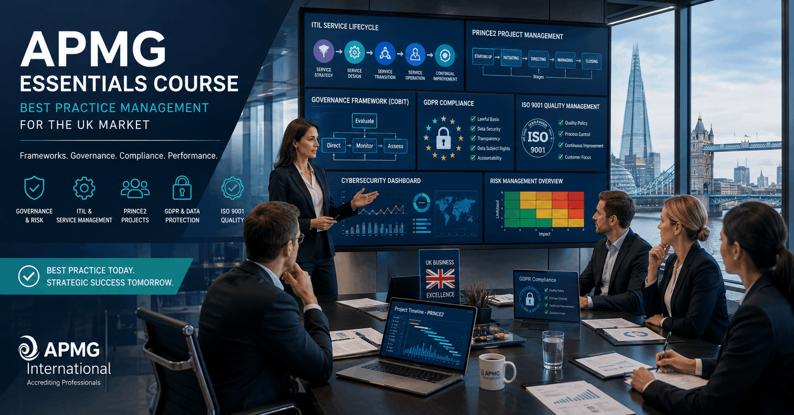 Business professionals discussing governance and APMG Essentials Course strategies in a modern UK office
