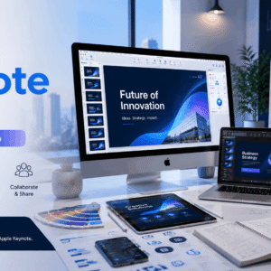 Professional designer creating interactive slides in an Apple Keynote course training session