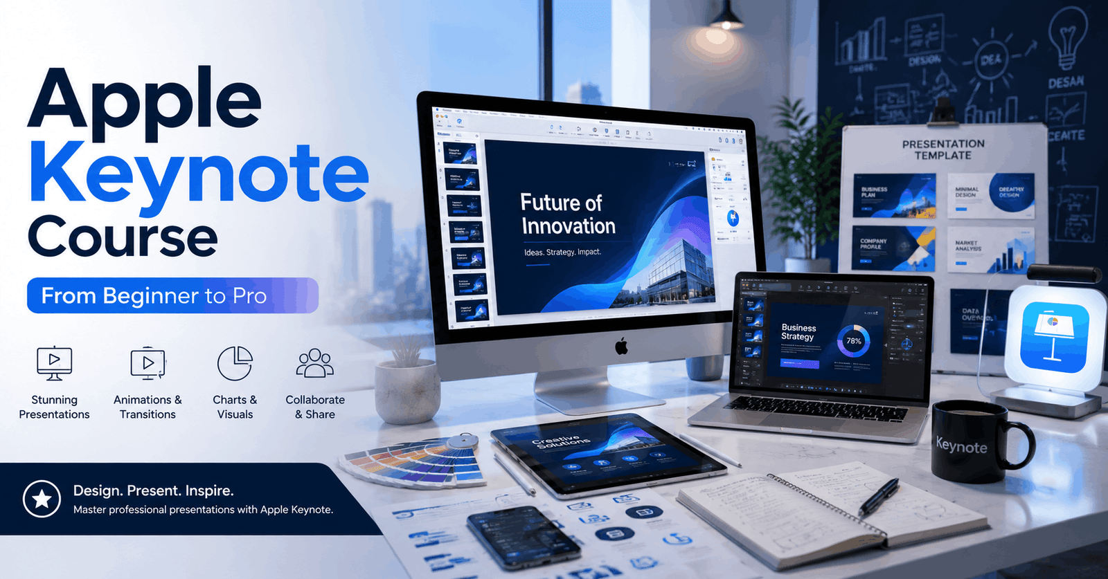 Professional designer creating interactive slides in an Apple Keynote course training session
