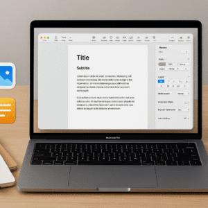 Modern UK-style workspace with Apple Pages open on a MacBook, showing tools for mastering apple pages essentials.