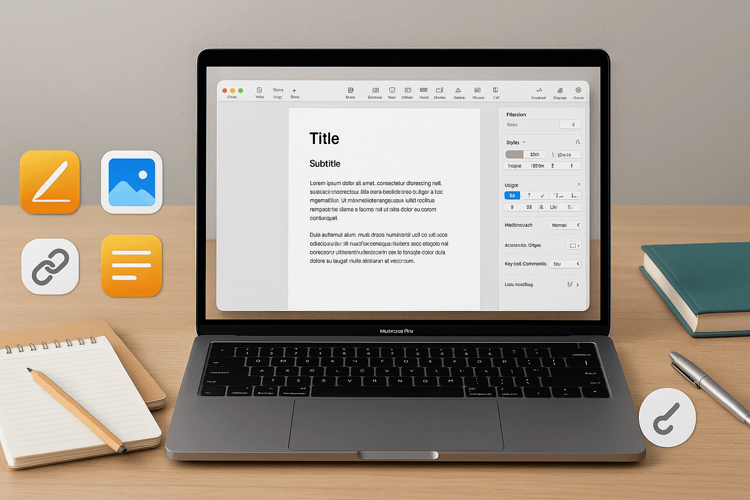 Modern UK-style workspace with Apple Pages open on a MacBook, showing tools for mastering apple pages essentials.