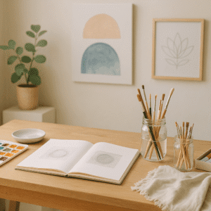 Relaxing studio scene showing art therapy diploma learning with paints, canvas, and therapeutic tools.