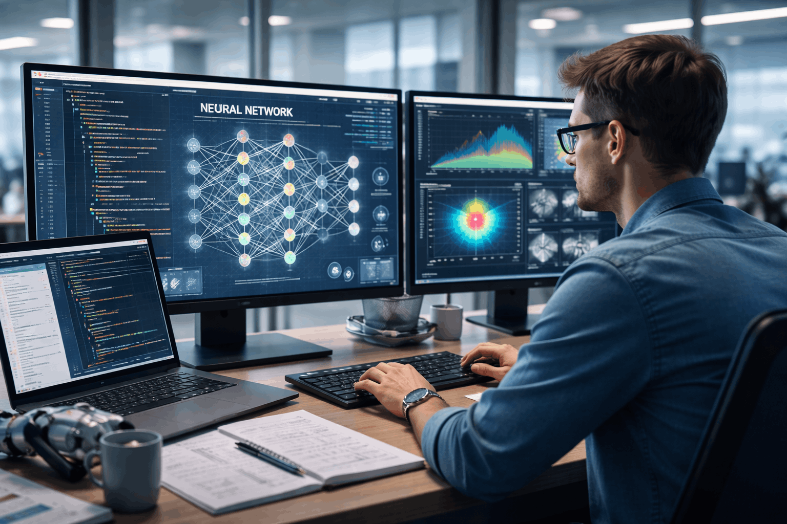 Artificial intelligence course showing machine learning models, neural networks, and data visualisation on digital screens