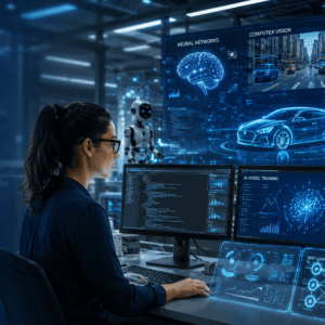 Student exploring machine learning and robotics in Artificial Intelligence Diploma training
