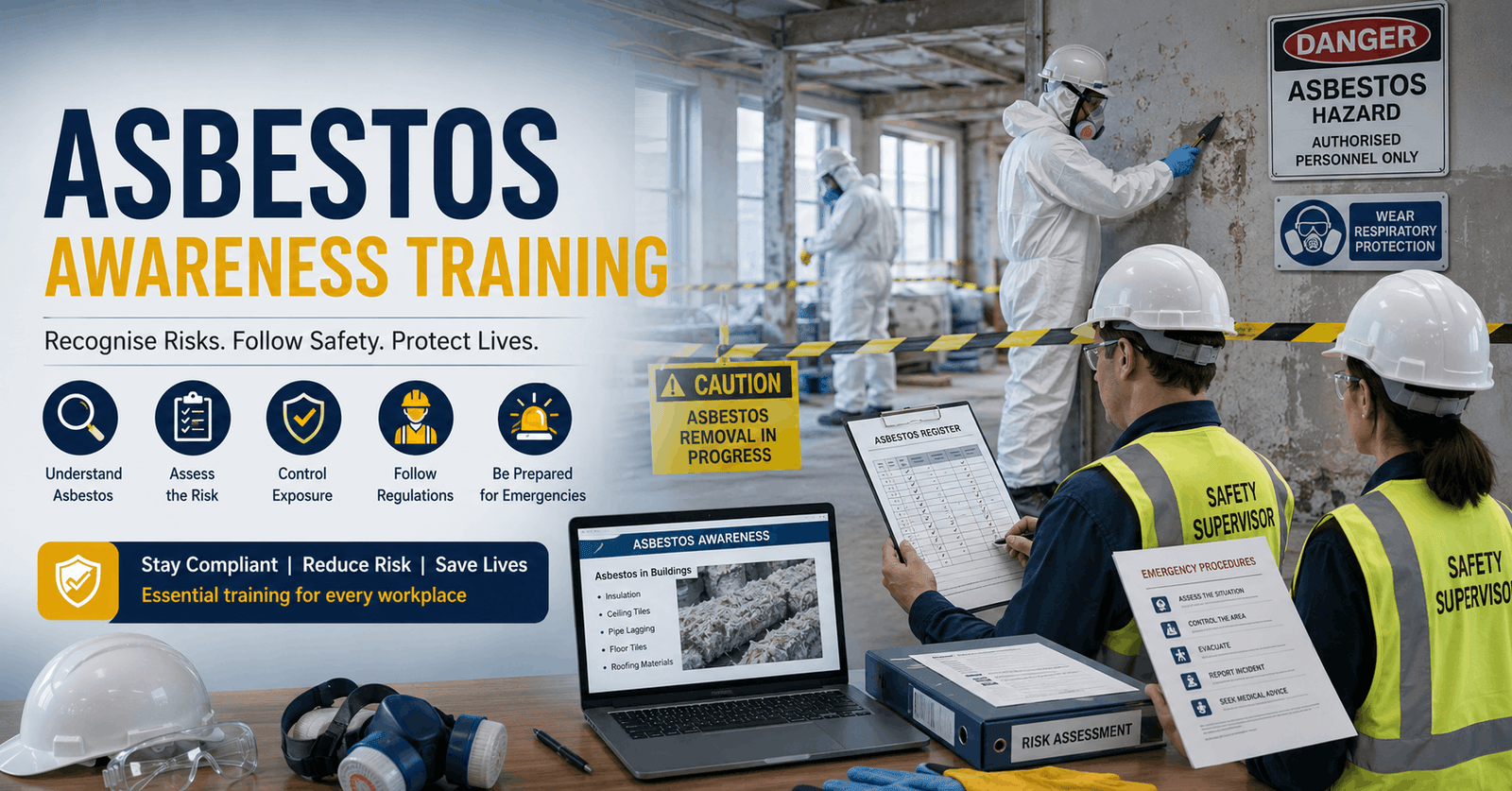 Asbestos Awareness Training showing workers following asbestos safety procedures on a construction site