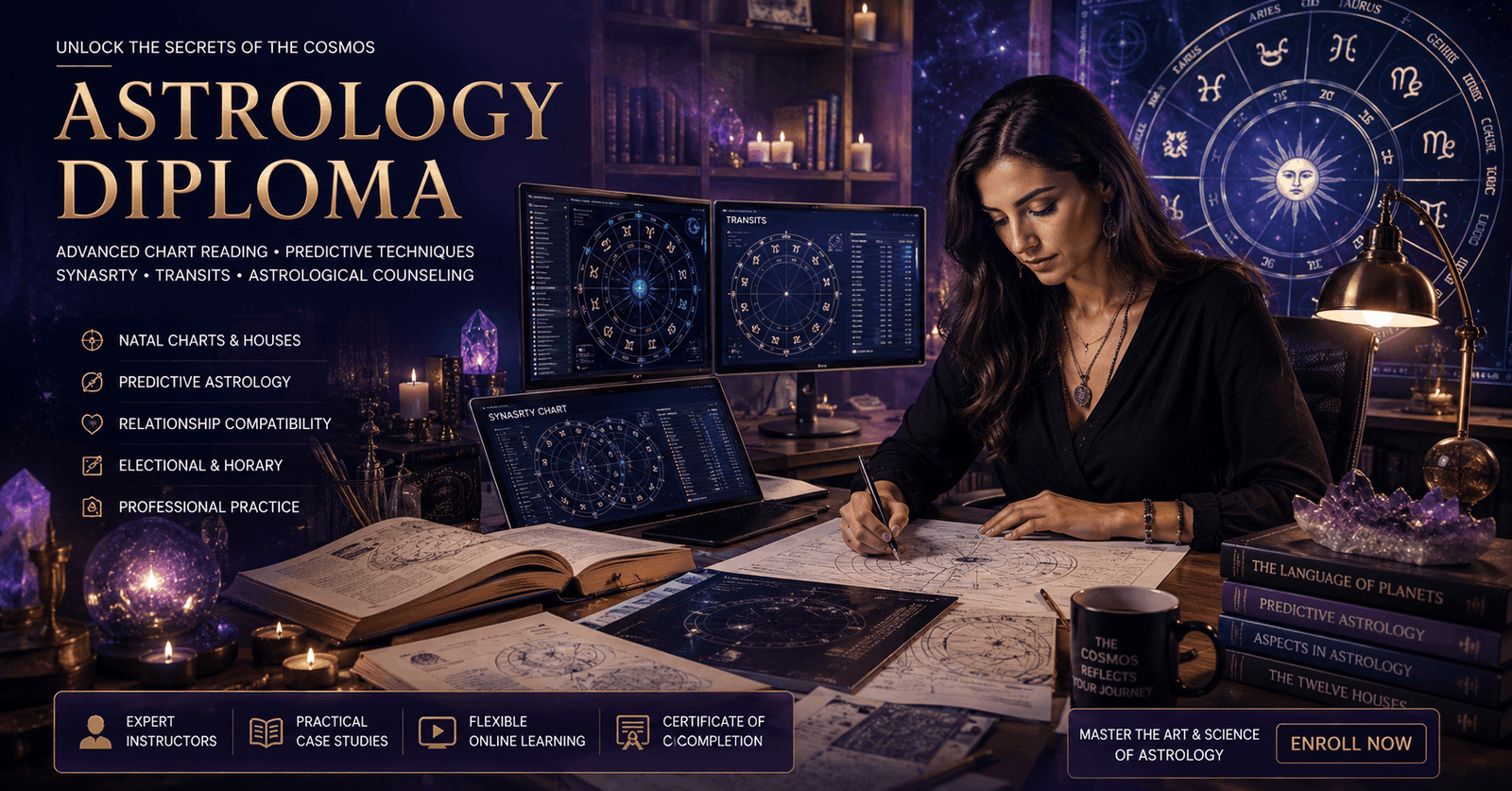 Professional astrologer analysing natal charts in Astrology Diploma training course