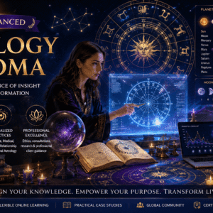 Astrology Diploma course featuring natal charts, zodiac symbols, and predictive astrology analysis