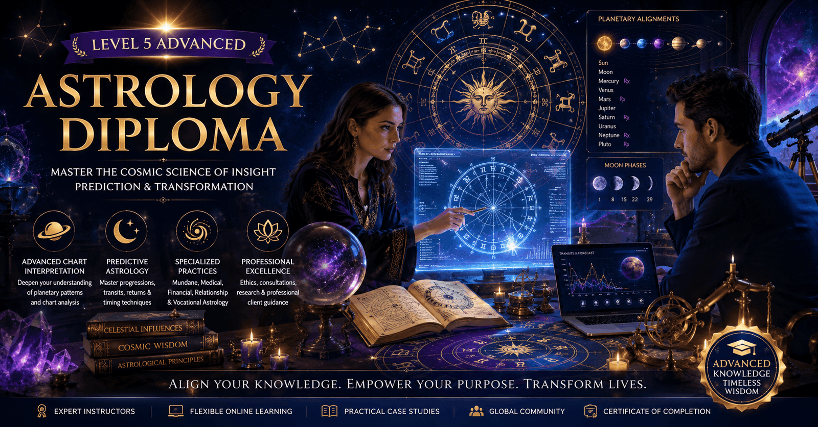 Astrology Diploma course featuring natal charts, zodiac symbols, and predictive astrology analysis
